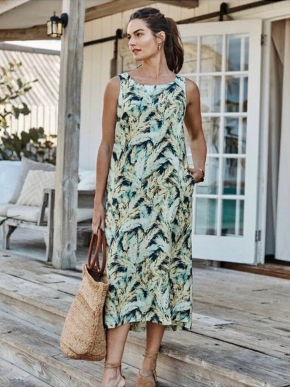 J.Jill Love Linen Tank Dress Floral with Pockets Travel Tropical Coastal